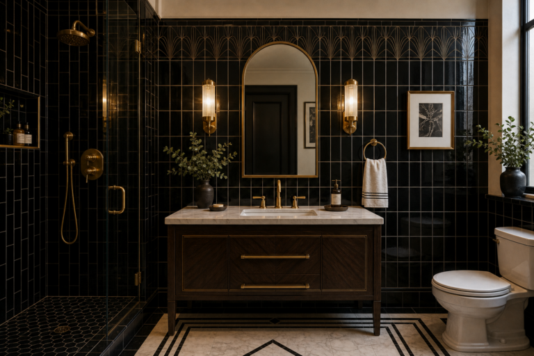 Art Deco bathroom with glossy black rectangular tile, brass-toned grid and fan border, arched mirror, ribbed sconces, dark vanity, pale counter, glass shower, black hex floor, and tall window