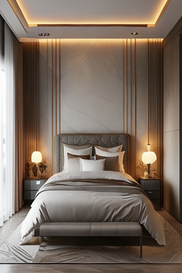 Art Deco Bedroom Bed Wall with Marble and Gold