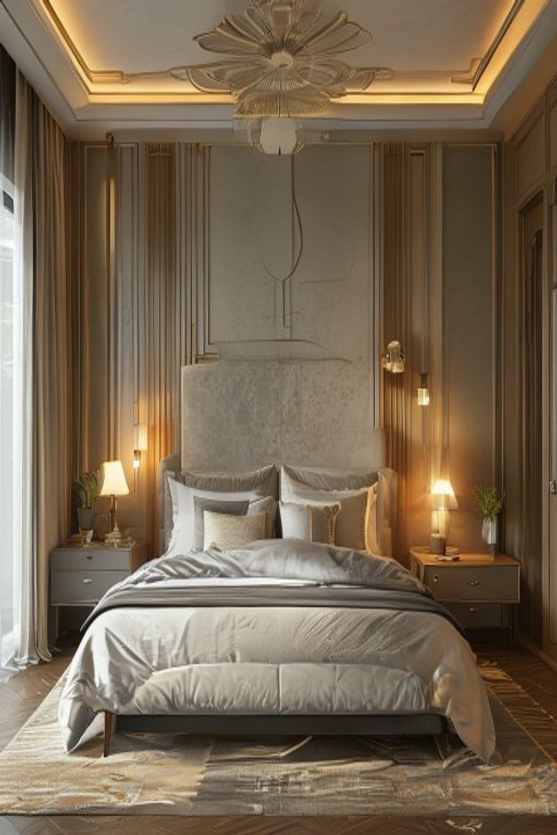 Art Deco bedroom with the illuminated tray ceiling above the bed