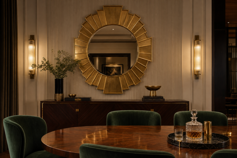 Art Deco Dining Room Sunburst Mirror featuring an oversized gold-toned sunburst mirror centered above a sideboard