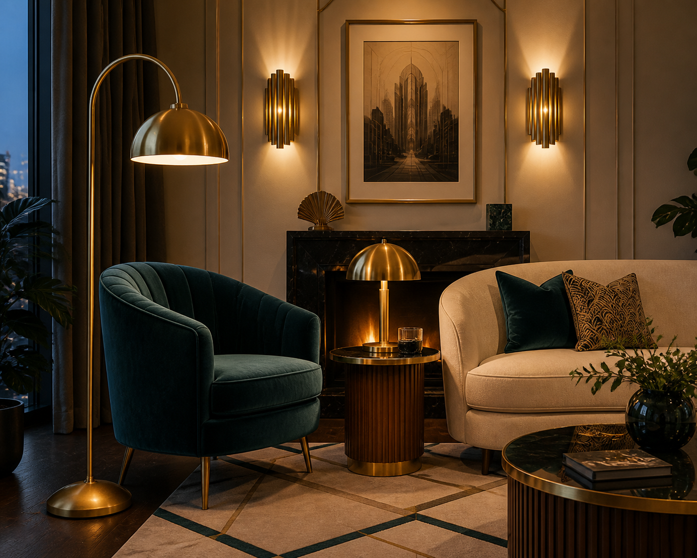 Art Deco living room with brass-toned sconces, an arched floor lamp, dome table lamp, dark fireplace, green chair, curved cream sofa, and geometric rug