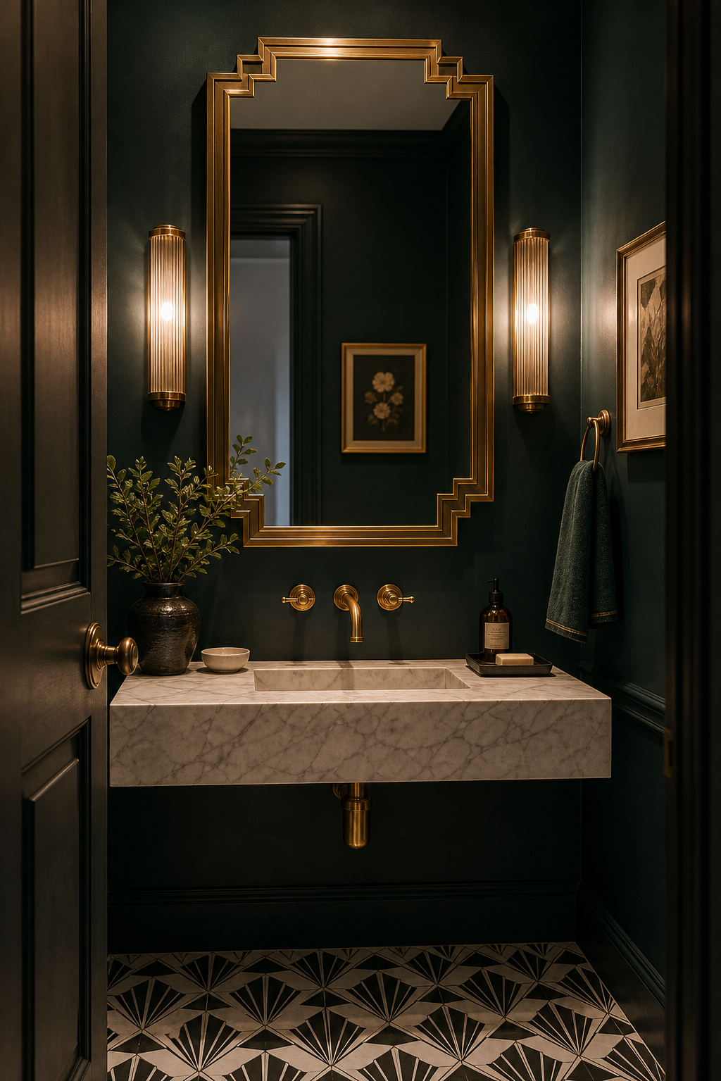 Art Deco Powder Room Stepped Gold Mirror featuring a tall gold-toned mirror with a symmetrical stepped frame
