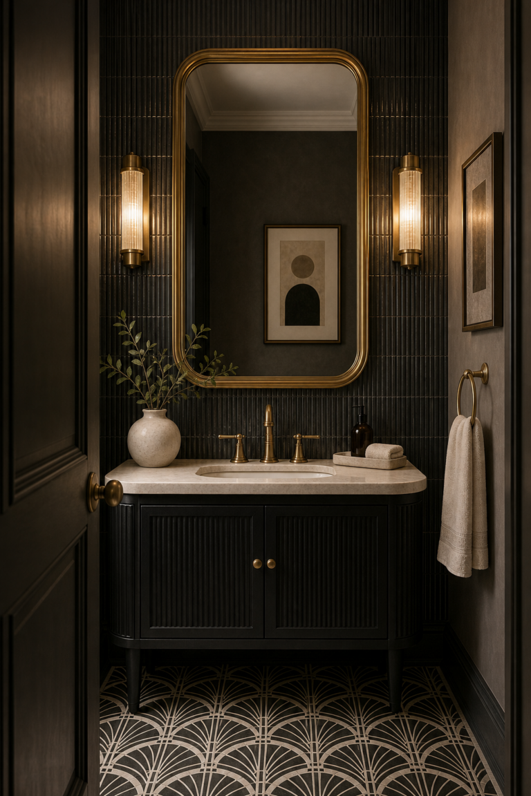 Art Deco powder room with a tall brass-framed mirror, paired vertical sconces, dark fluted wall, compact vanity, pale basin, brass-toned faucet, and geometric floor