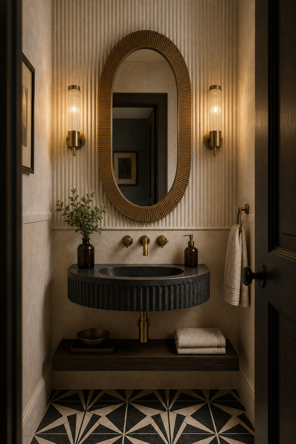 Art Deco Powder Room Fluted Gold Mirror featuring a tall oval mirror with a broad fluted gold-toned frame