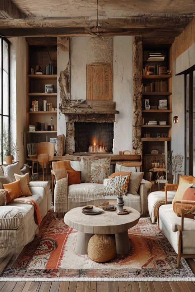 Bohemian living room with a thick round pedestal coffee table, rugged fireplace, built-in bookshelves, mixed pale seating, warm cushions, and layered rugs
