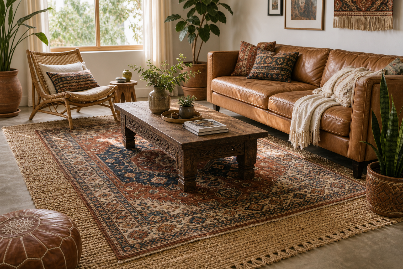 Bohemian living room with a dark patterned rug layered over a larger woven base beneath a leather sofa, rattan chair, carved table, and large plants