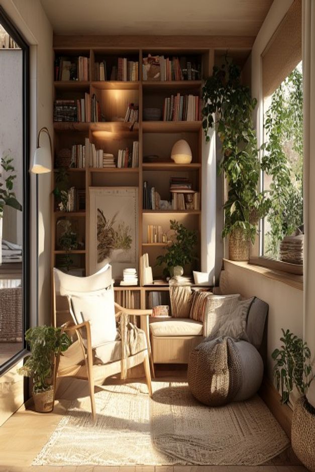 Bohemian reading nook with the tall built-in shelf wall around the chair