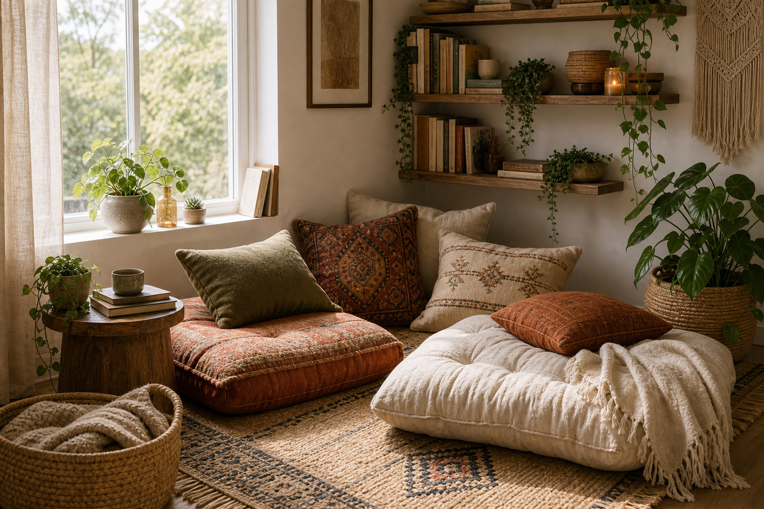 Bohemian reading nook with oversized rust-patterned and ivory floor cushions, layered pillows, fringed throw, timber shelves, books, trailing plants, woven baskets, side table, and patterned rugs