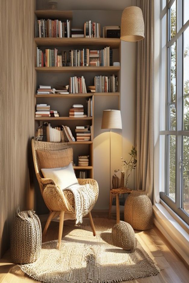 Bohemian Reading Nook with a Rattan Armchair