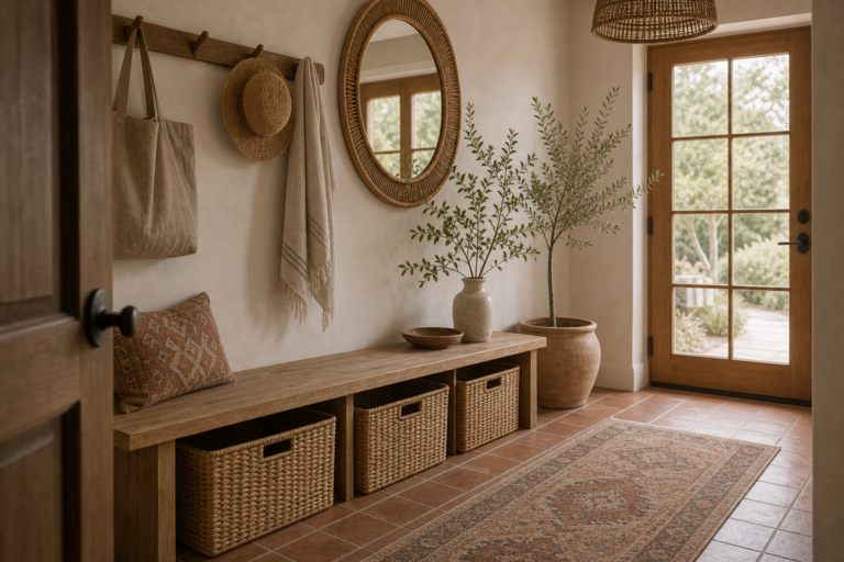 Boho Entryway Woven Basket Bench Storage featuring three woven baskets fitted beneath a long open entry bench