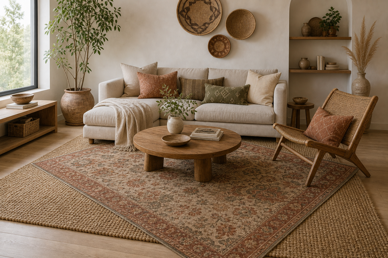 Boho Living Room Patterned Rug Layering featuring a patterned top rug layered over a much larger woven base rug