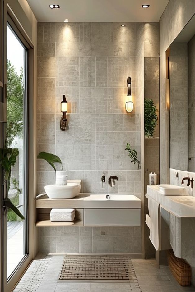 California Casual Bathroom with a Tiled Vanity Wall