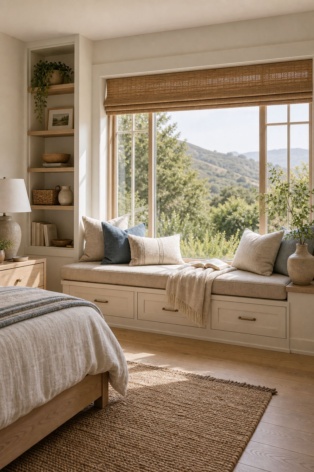 California casual bedroom with a wide cushioned window seat, three base drawers, side shelves, woven shade, pale blue pillows, open book, and valley view