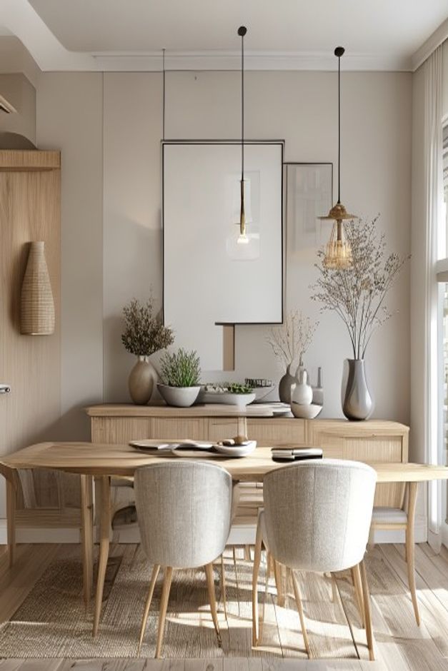 California casual dining room with a long light-wood sideboard, overlapping frames, sculptural vessels, branches, and pale seating