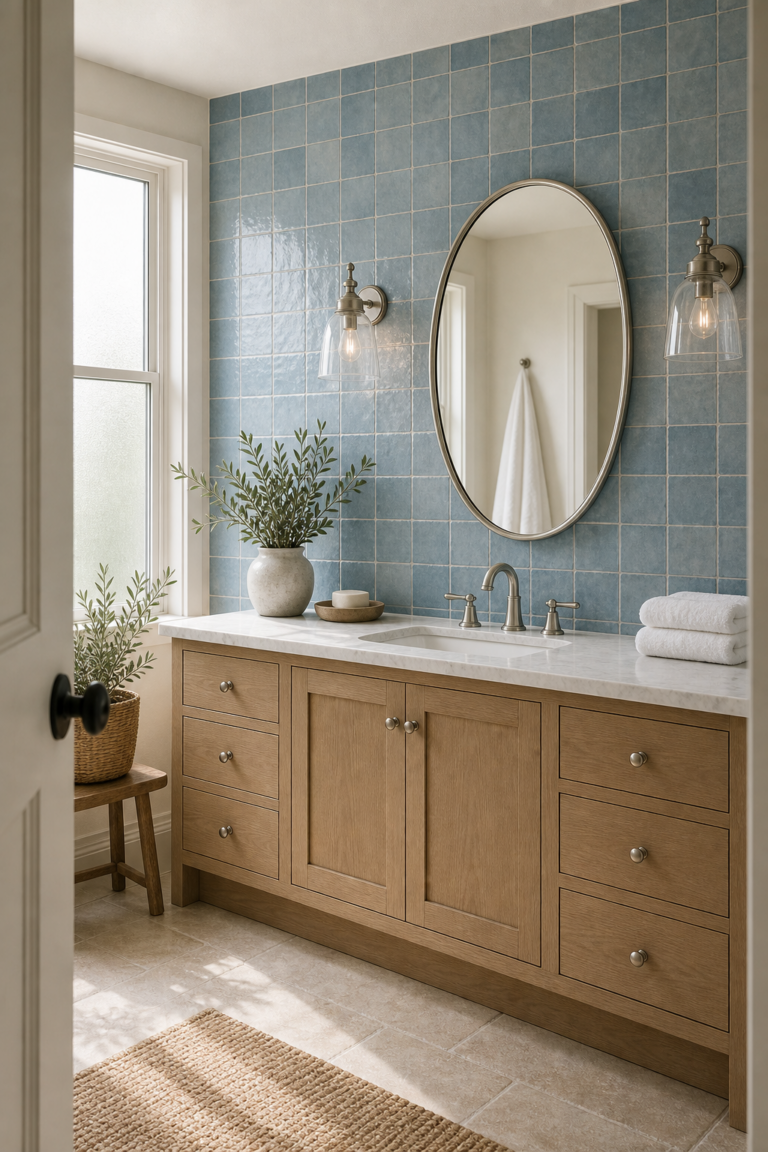 Coastal Bathroom Blue Vanity Wall Tile featuring a full soft-blue tiled wall behind the bathroom vanity
