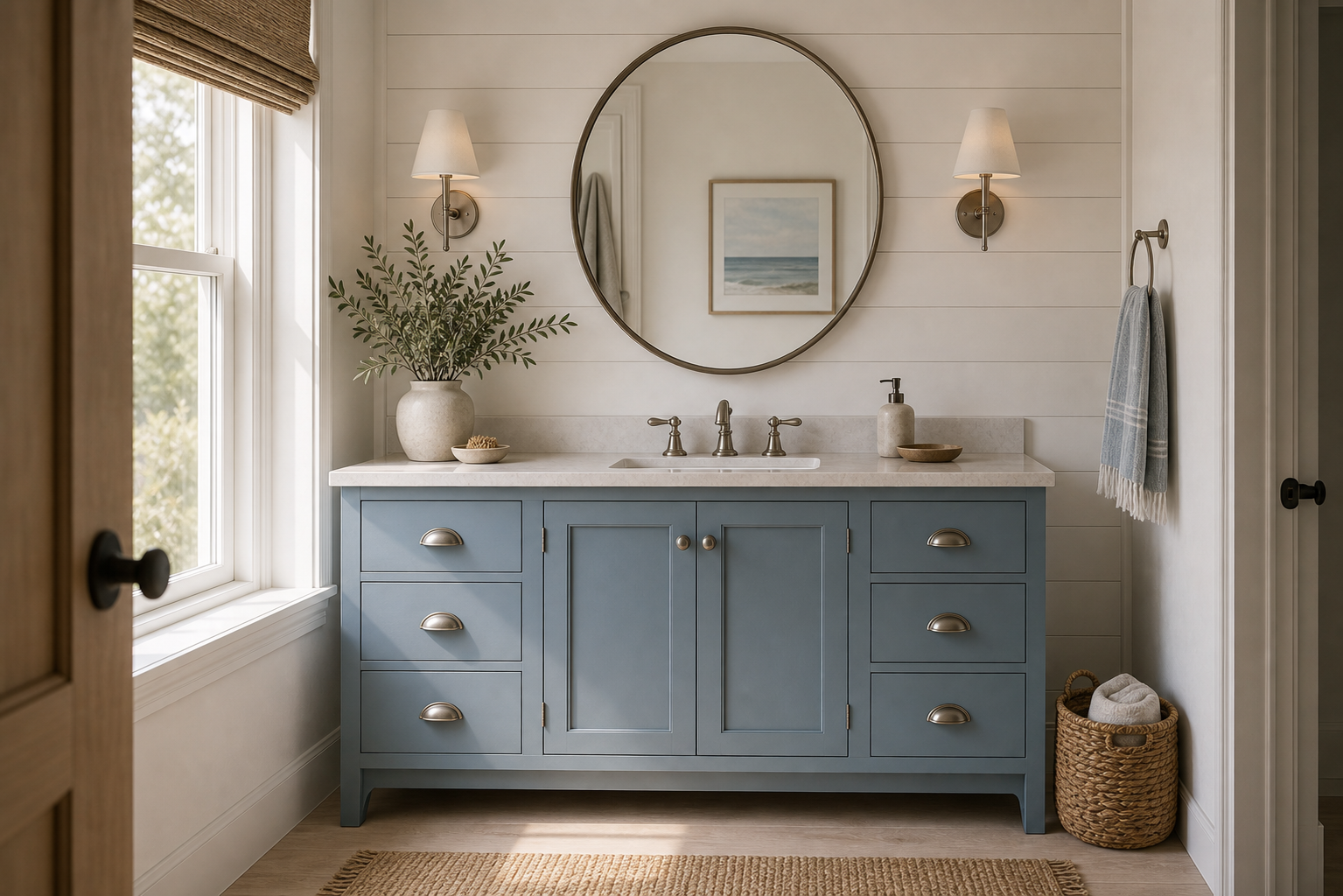 Coastal Bathroom Dusty Blue Vanity featuring a wide dusty blue vanity beneath a round mirror