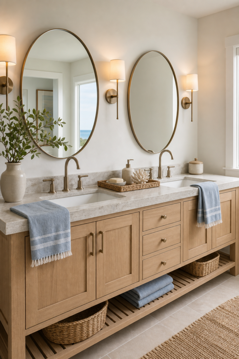 Coastal bathroom double vanity with two oval mirrors, three shaded sconces, pale blue towels, a woven tray, open shelf, baskets, and restrained greenery