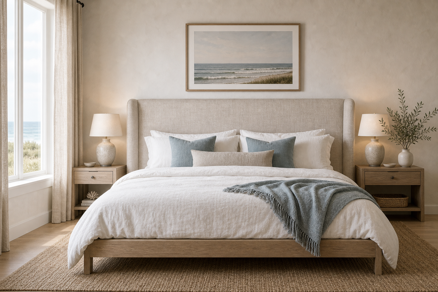Coastal Bedroom Upholstered Headboard featuring a wide pale upholstered headboard beneath a seascape print