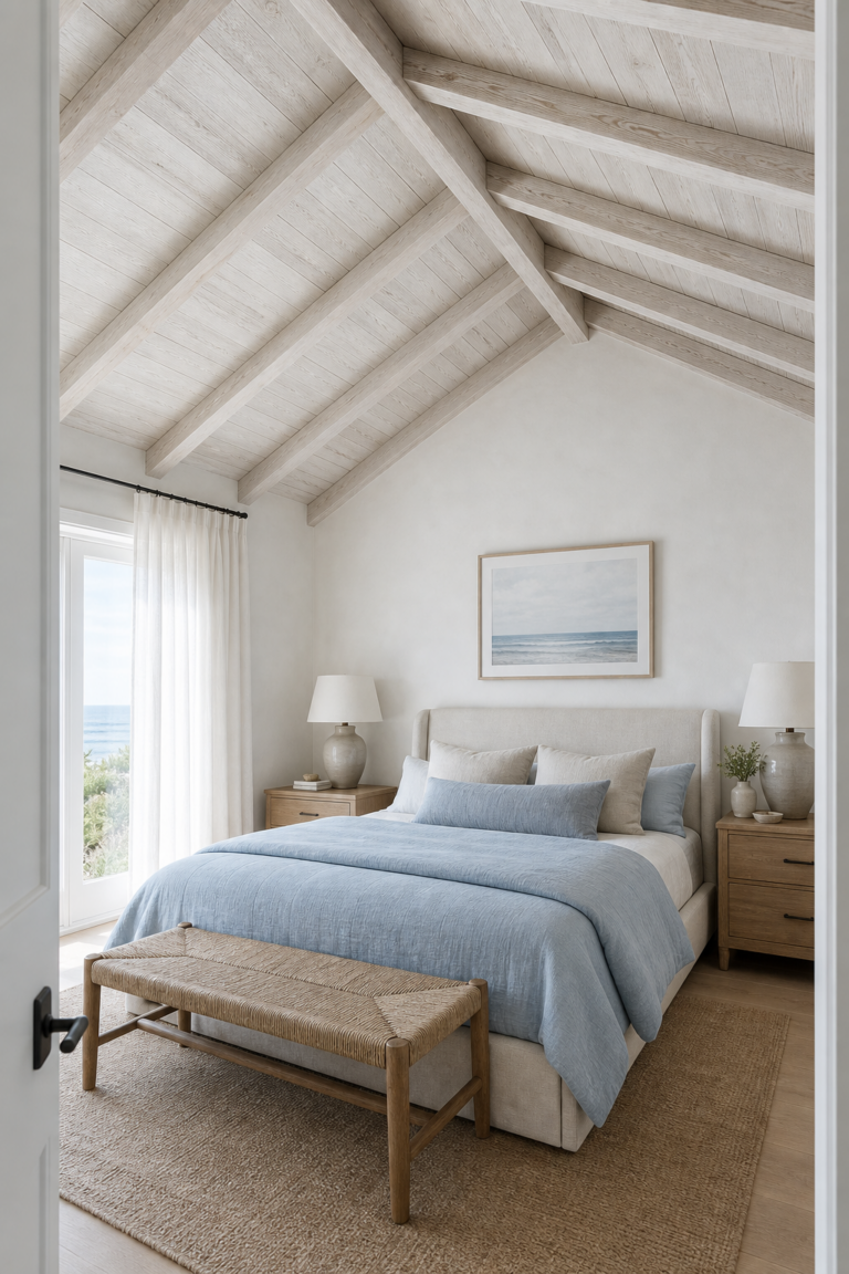 Coastal Bedroom Whitewashed Plank Ceiling featuring a pale pitched plank ceiling crossed by exposed rafters