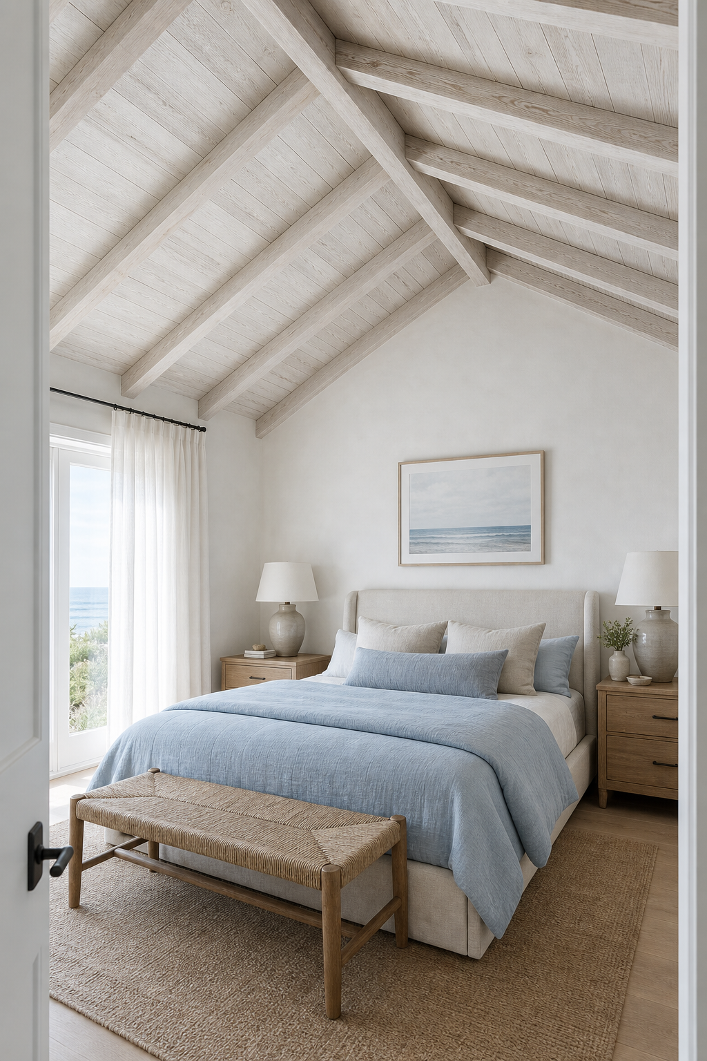 Coastal Bedroom Whitewashed Plank Ceiling featuring a pale pitched plank ceiling crossed by exposed rafters