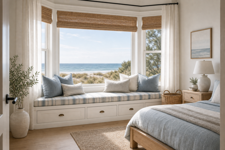 Coastal Bedroom Bay Window Bench featuring a fitted bench following a three-sided bay window with an ocean view