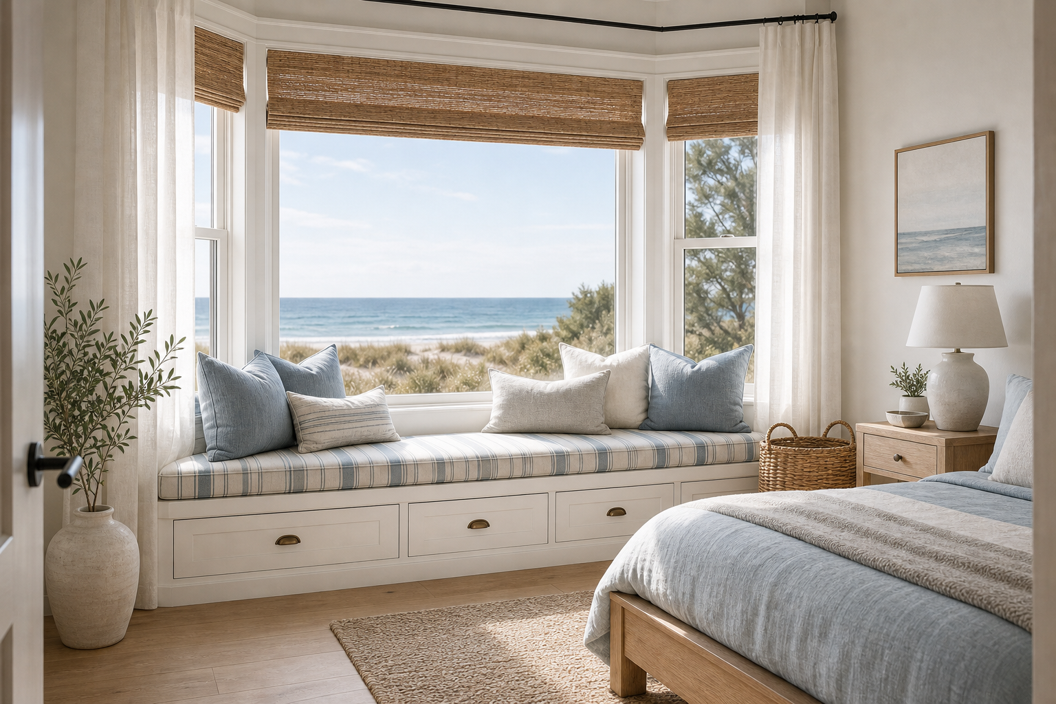 Coastal Bedroom Bay Window Bench featuring a fitted bench following a three-sided bay window with an ocean view