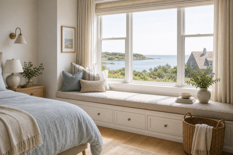 Coastal bedroom with a built-in window seat, four drawer fronts, pale cushions, full-height curtains, woven basket, plants, timber floor, and sea view