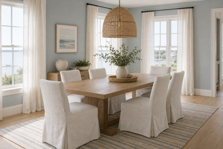 Coastal Dining Room Slipcovered Chair featuring six white slipcovered chairs surrounding a light dining table