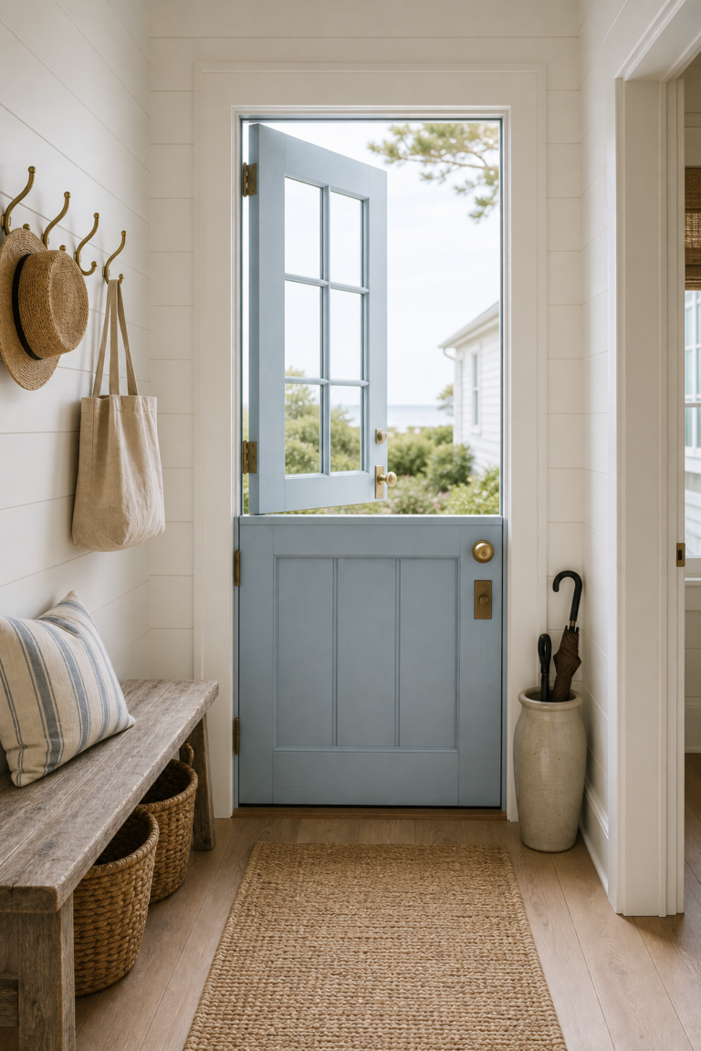 Coastal Entryway Half-Glazed Dutch Door featuring a pale blue half-glazed Dutch door at the end of the entry