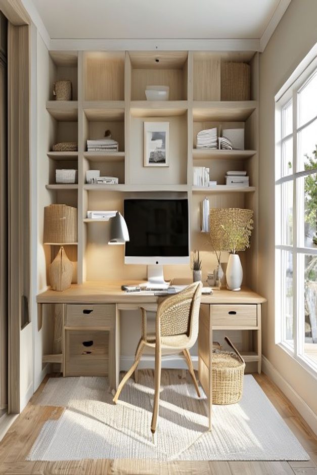 Coastal Home Office with an Integrated Desk and Storage