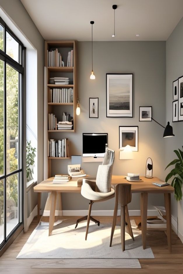 Coastal Home Office with Task Lighting and Light Wood