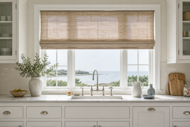 Coastal kitchen with a wide woven Roman shade, ocean-facing sink window, pale apron sink, glass-front cabinets, white tile, light counter, and timber boards