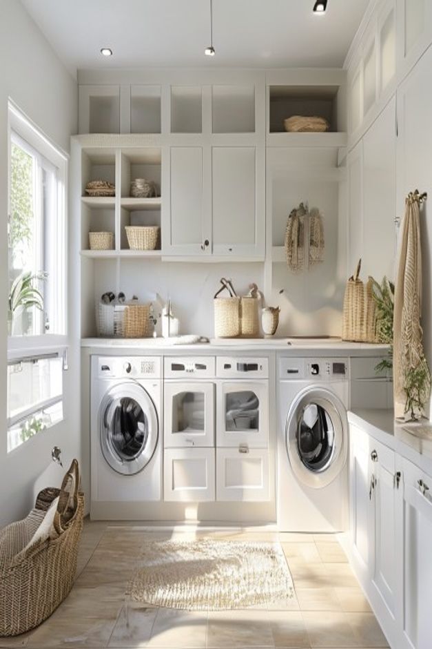 Coastal Laundry Room with Symmetrical Cabinets and Storage