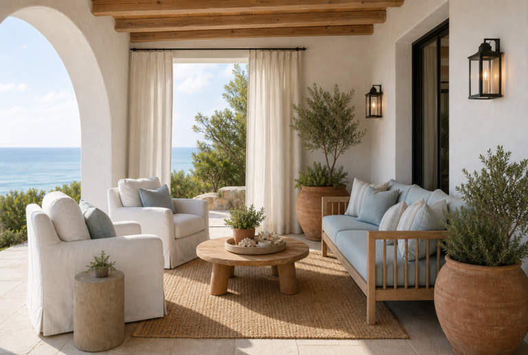 Coastal outdoor patio with white lounge chairs, teak sofa, pale blue cushions, round teak table, terracotta planters and arched view