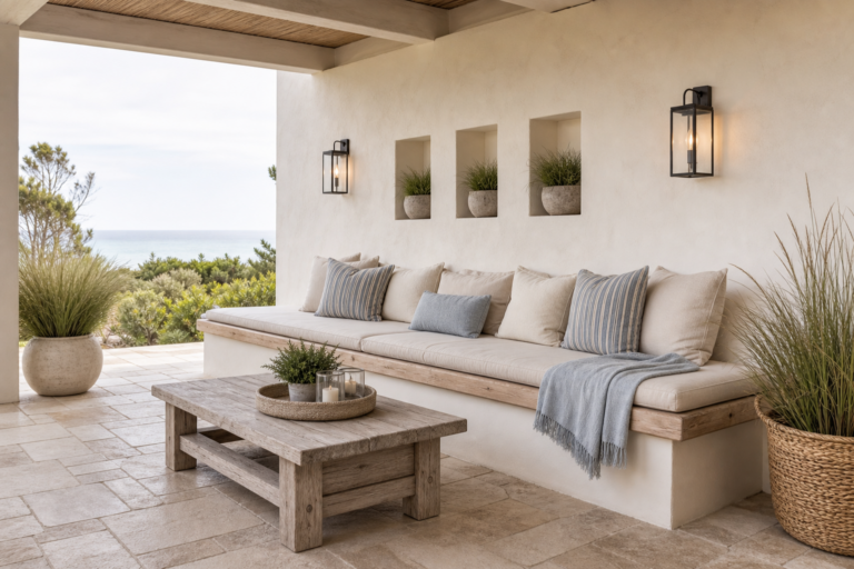 Coastal patio with a long plaster built-in bench, pale cushion, striped pillows, recessed plant niches, black lanterns, low timber table, paving, grasses, baskets, and sea view