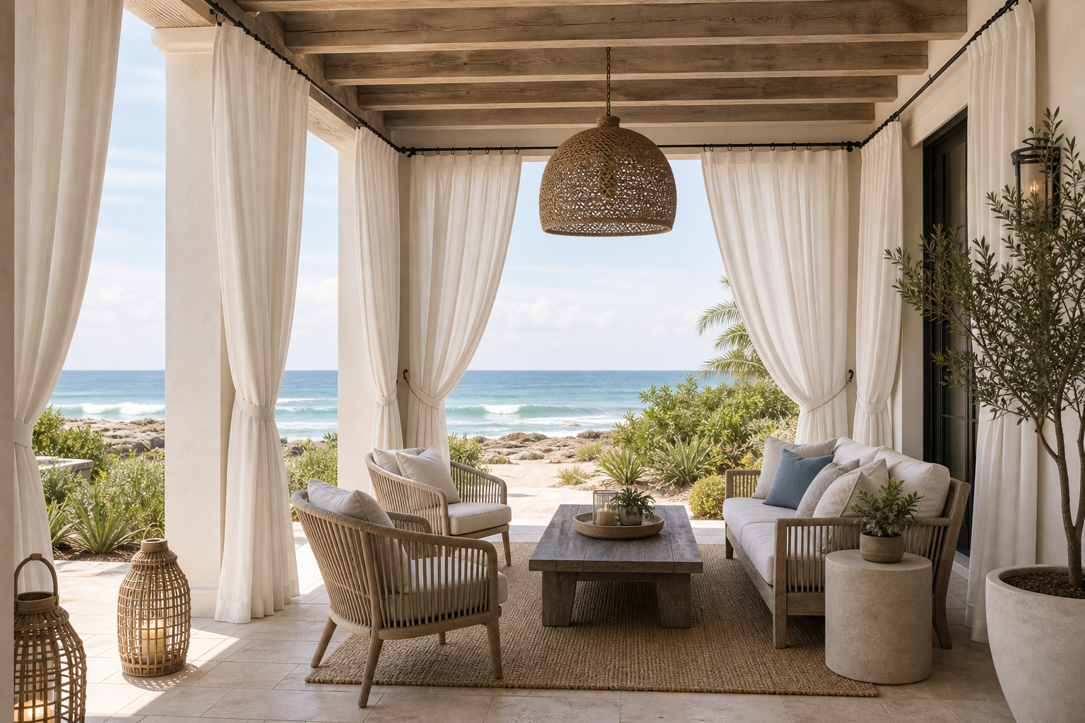 Coastal patio with full-height white outdoor curtains on dark rods, timber ceiling beams, woven seating, pendant, dark coffee table, pale tile, rug, lanterns, and ocean view