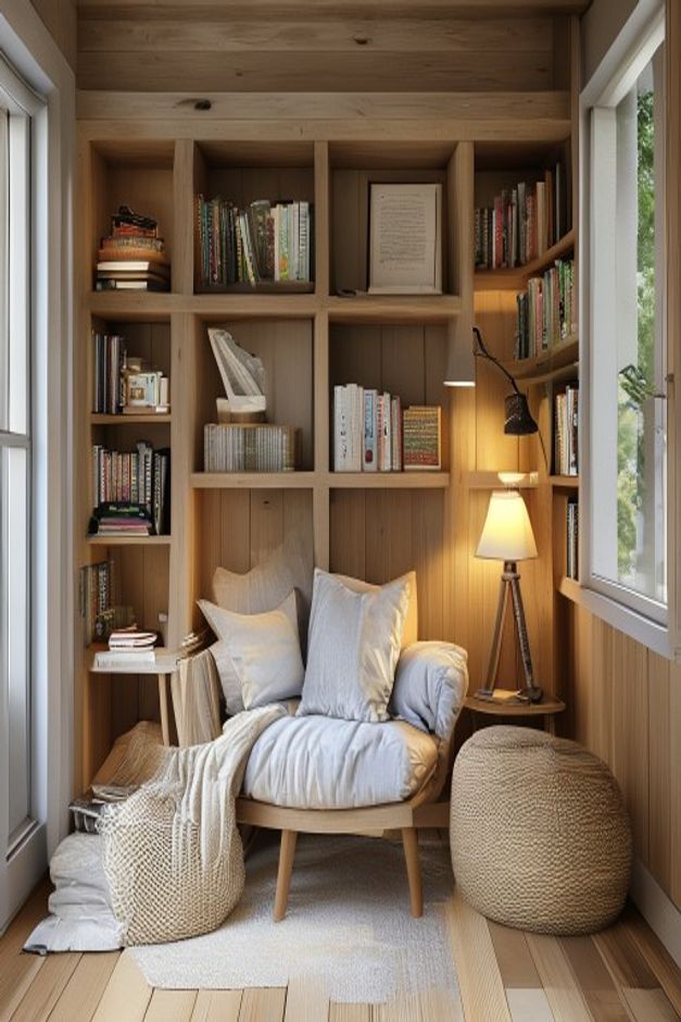 Coastal reading nook with the built-in shelving wrapped around the chair