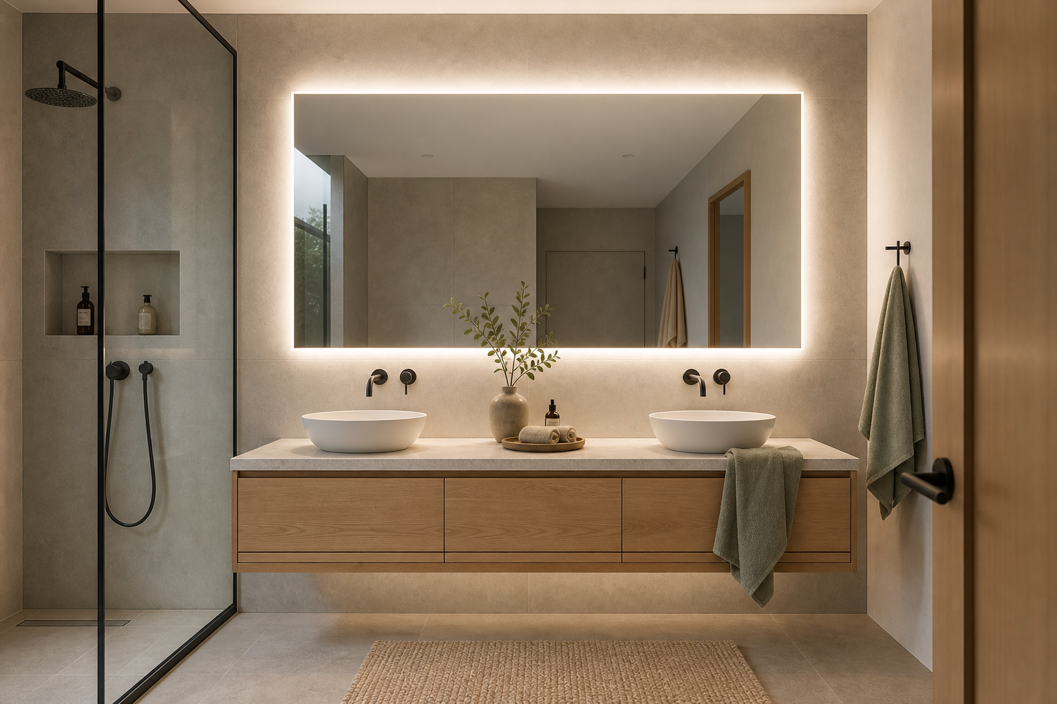 Contemporary Bathroom Full-Width Backlit Mirror featuring a full-width backlit mirror spanning two vessel basins