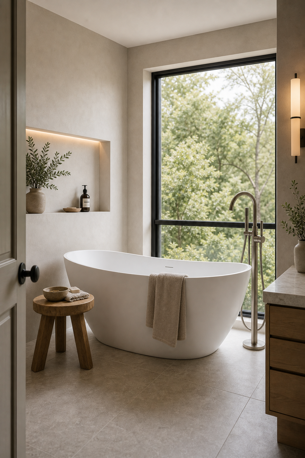 Contemporary bathroom with a white freestanding tub before a full-height garden window, floor-mounted faucet, illuminated wall niche, timber stool, and partial vanity