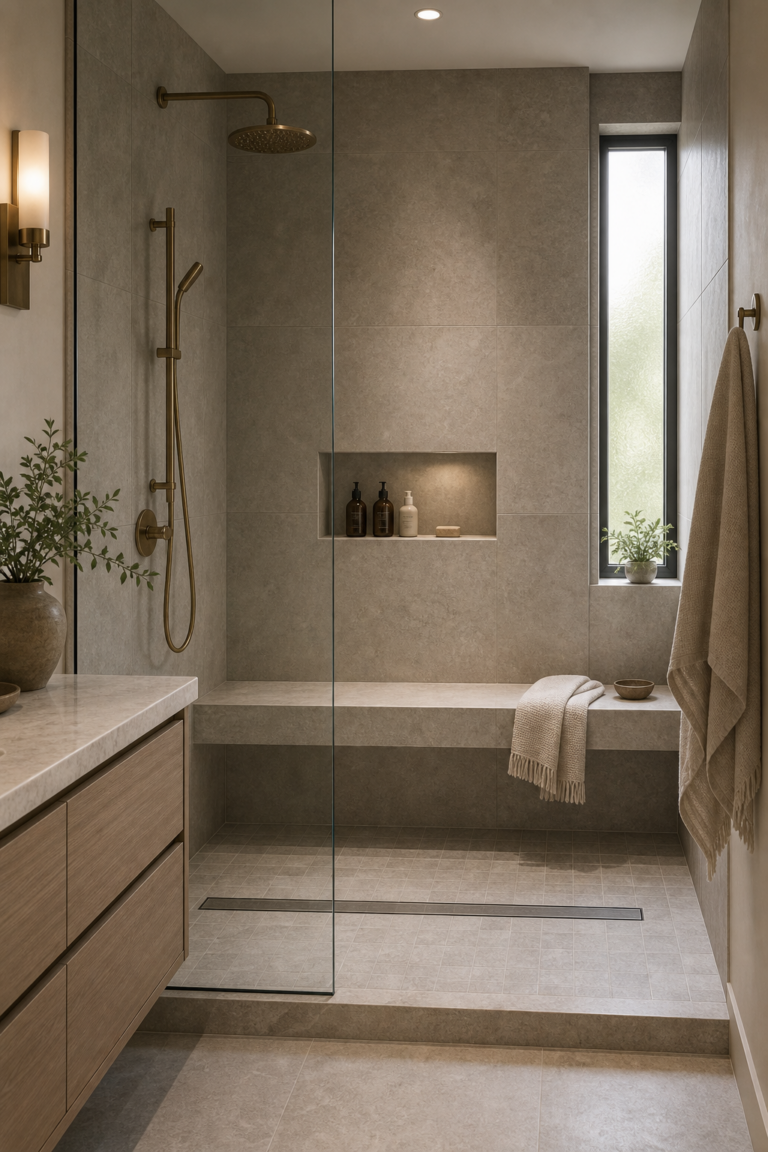 Contemporary Bathroom Full-Width Shower Bench featuring a tiled bench spanning the shower end wall