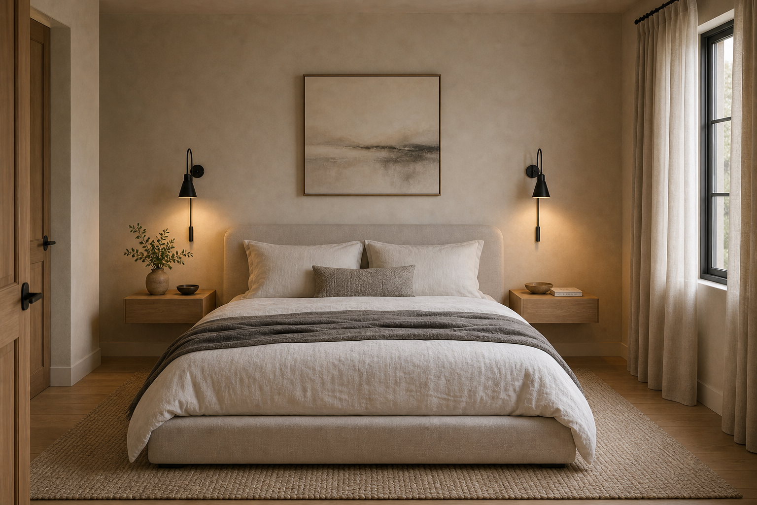 Contemporary Bedroom Paired Bedside Sconce Layout featuring two dark adjustable sconces framing a low bed