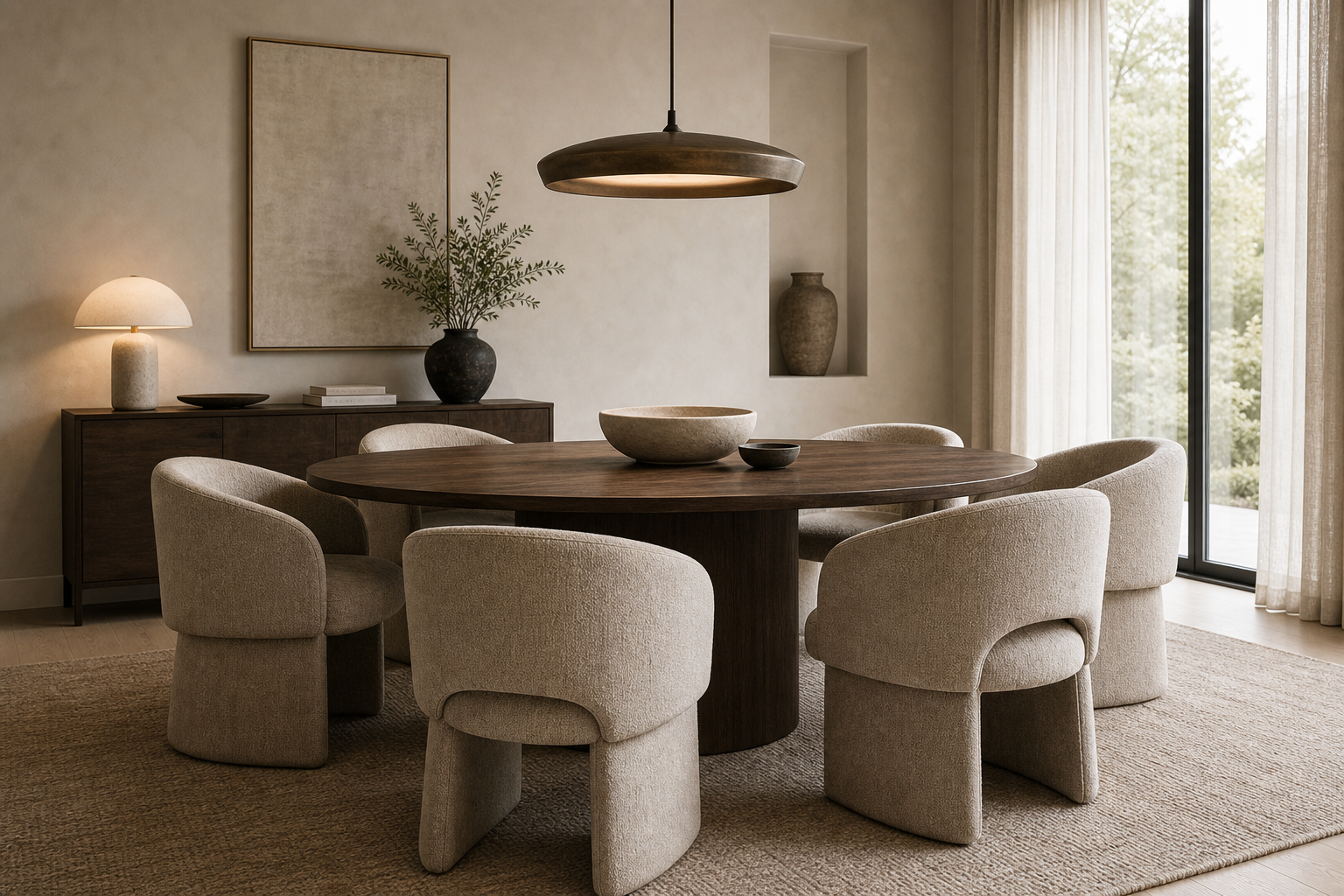 Contemporary Dining Room Curved Chair featuring five curved upholstered chairs around a dark oval table