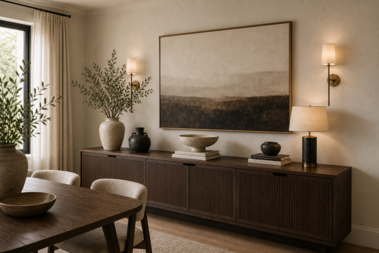 Contemporary dining room with a long dark fluted sideboard, large landscape art, paired wall sconces, shaded lamp, ceramic vessels, books, table, and upholstered chairs