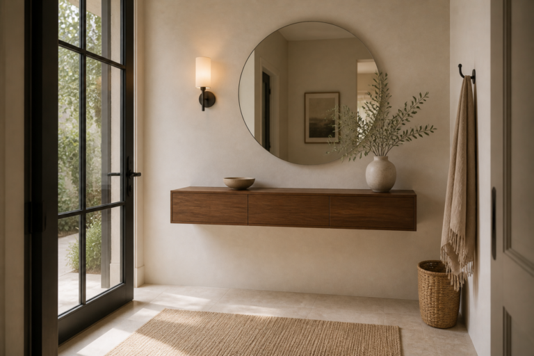 Small Entryway Floating Landing Shelf featuring a slim timber-toned console mounted clear of the entry floor
