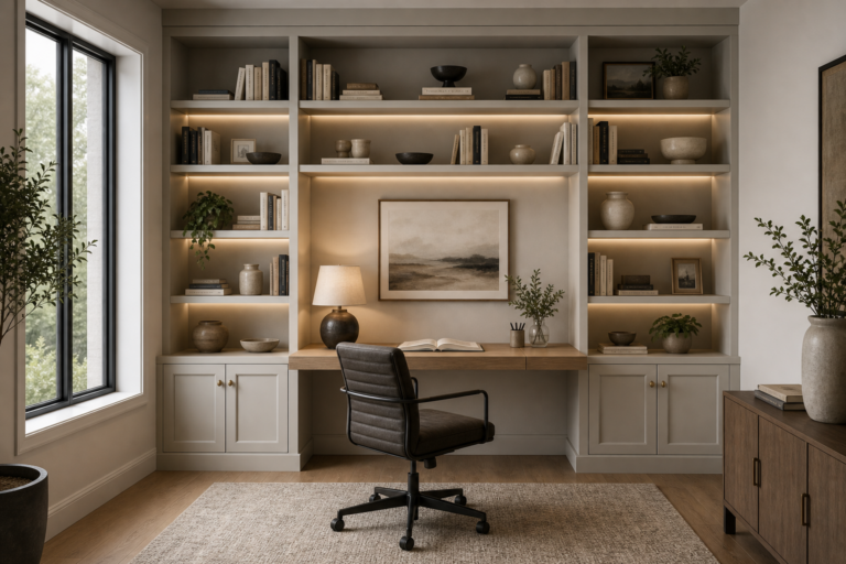 Contemporary home office with illuminated built-in bookshelves, integrated timber desk, lower cabinets, books, pottery, art, plants, dark task chair, rug, and side window