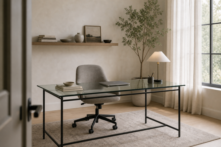 Light-Filled Home Office Glass Worktable featuring a broad transparent glass worktable on a fine dark frame