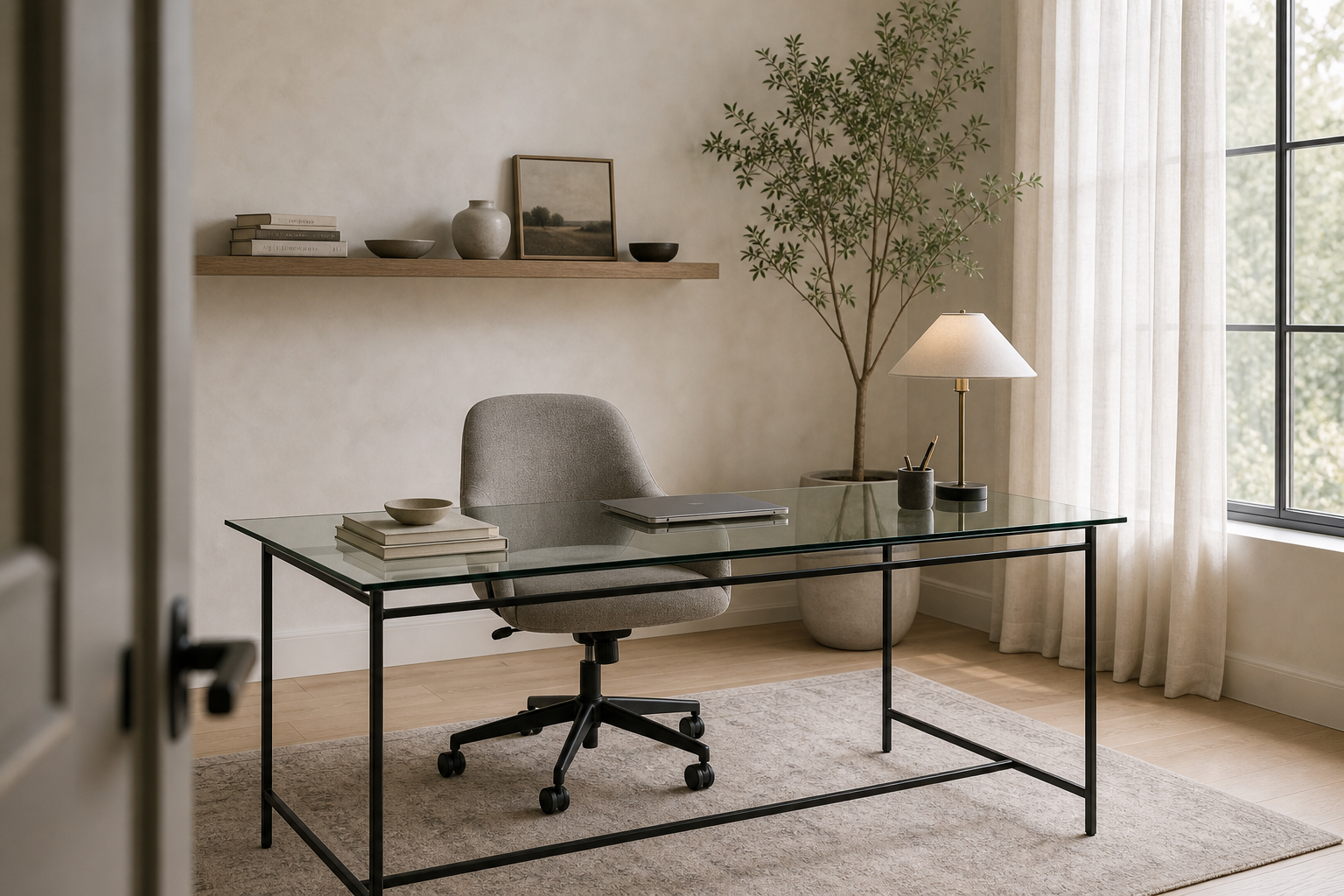 Light-Filled Home Office Glass Worktable featuring a broad transparent glass worktable on a fine dark frame