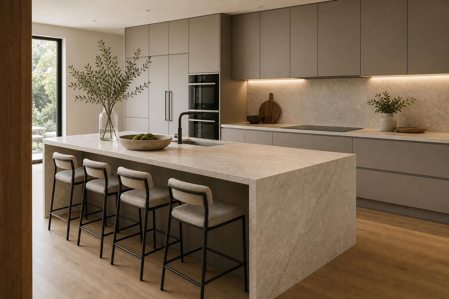 Contemporary kitchen with a pale waterfall island, four slim black stools, flat taupe cabinets, stacked ovens, linear counter lighting, timber-toned floor, and side window