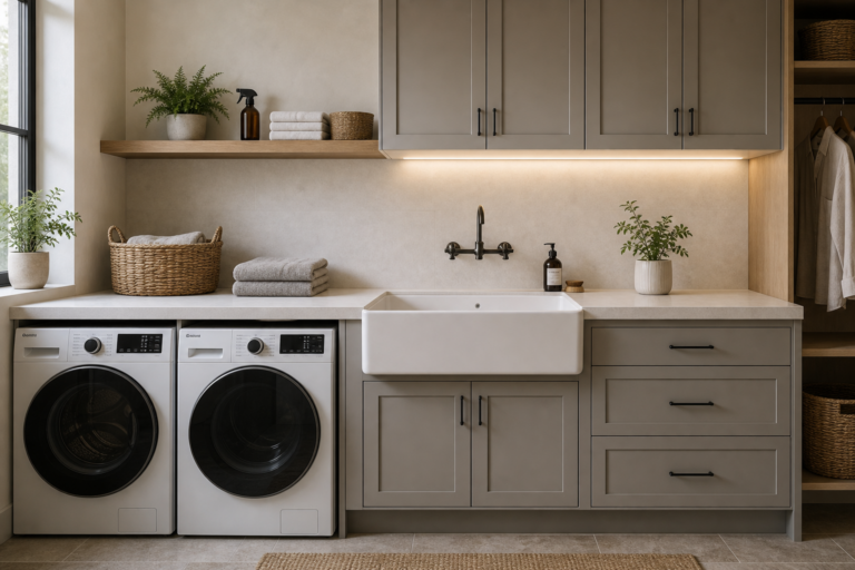 Contemporary laundry room with a centered white apron utility sink, wall-mounted dark tap, pale counter, paired machines, painted cabinets, wide drawers, upper storage, open shelf, towel baskets, plants, and linear light