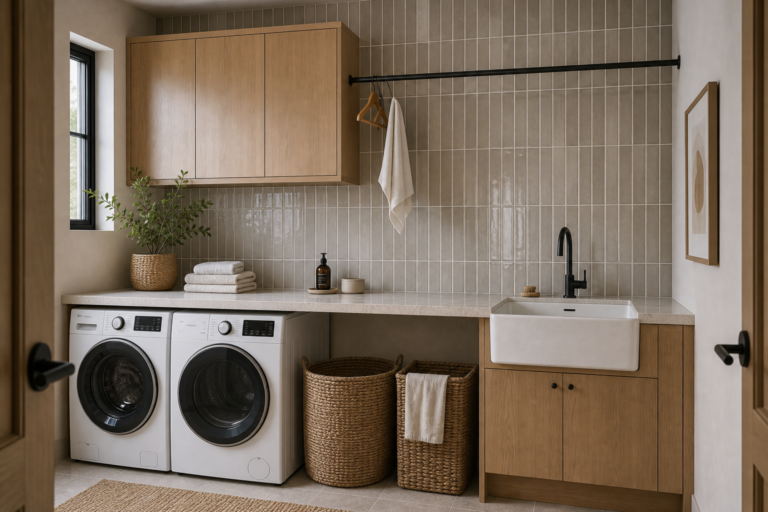 Contemporary Laundry Room Vertical Tile featuring a vertically ribbed tile wall behind the complete laundry work zone